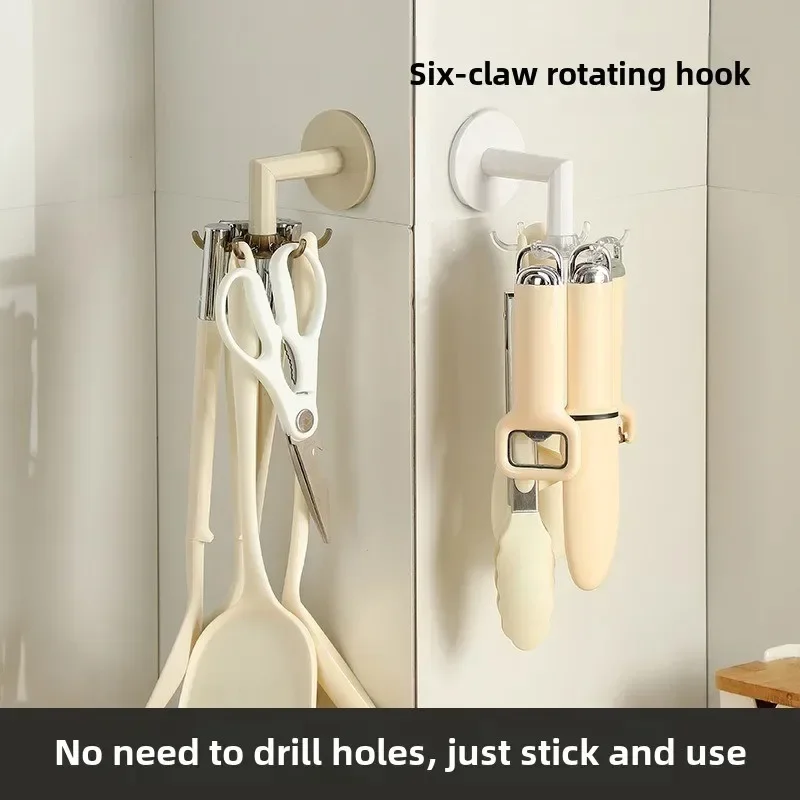 

Suction Cup, Six Claw Rotating Hook, Spatula, Spoon Hanging Rack, No Punching, Top Mounted, Kitchenware Storage Rack