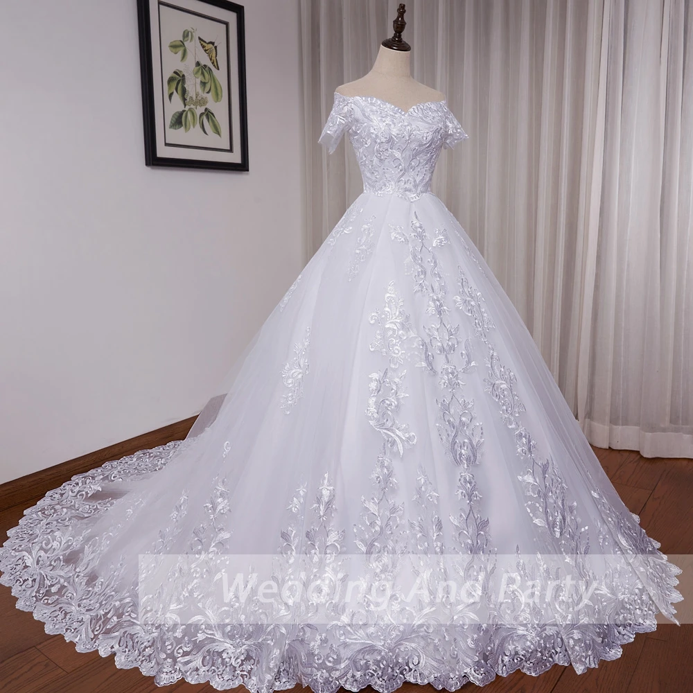 Vestido de novia de princesa con hombros descubiertos, traje de boda con cordones, talla grande, Apliques de encaje