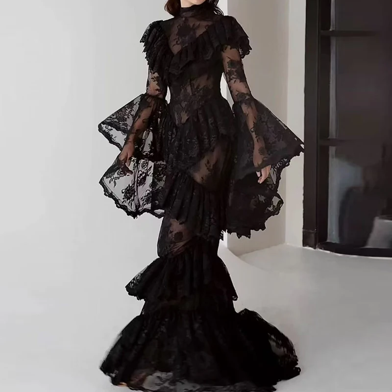 

Женское элегантное вечернее платье с многослойным дизайном и рюшами, модное кружевное вышитое платье, новинка весны, с расклешенными рукавами, приталенное, длинное