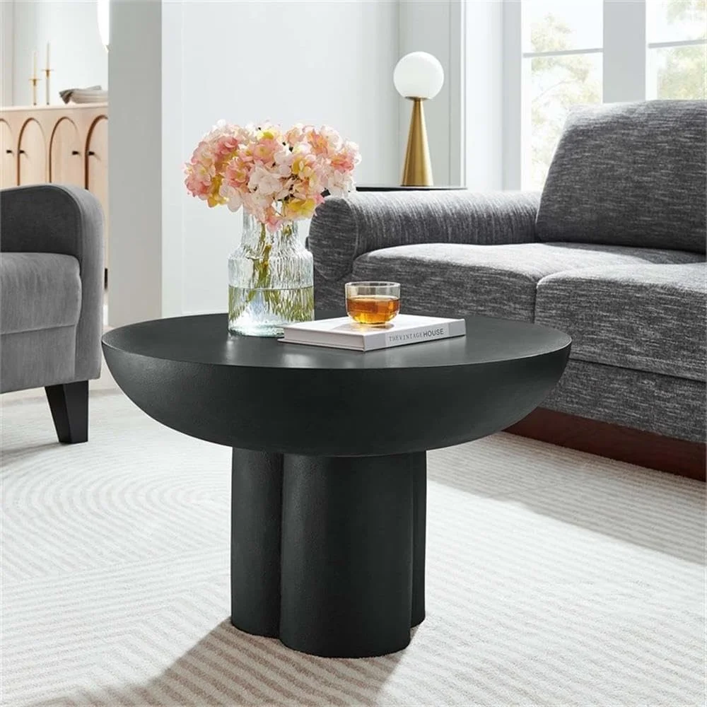 EEI-6760-BLK Caspian Round Concrete Coffee Table, Black