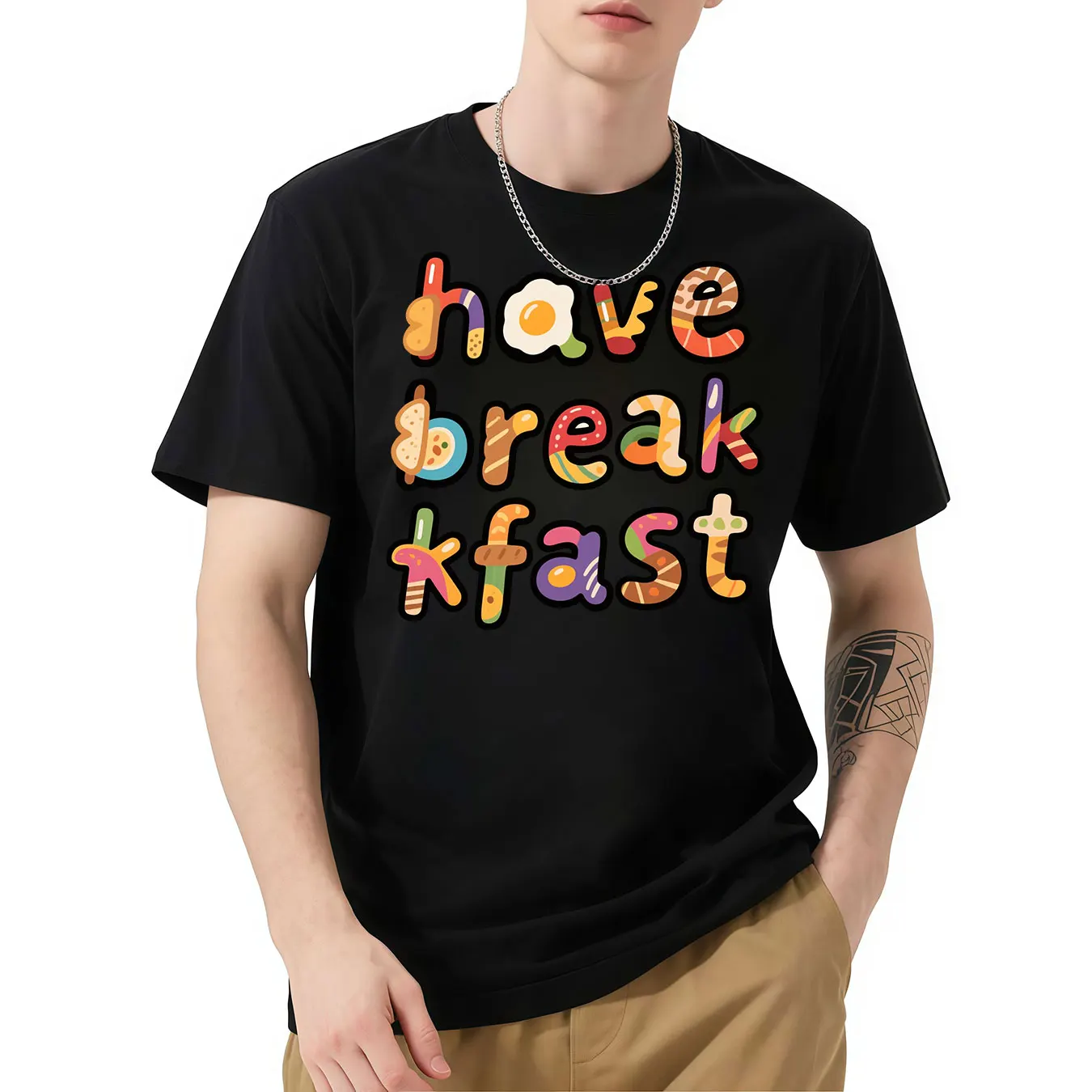 

“Have Breakfast” Graphic T - Shirt, Short Sleeve, Food - Themed Print, Colorful and Fun, Perfect for Breakfast Lovers