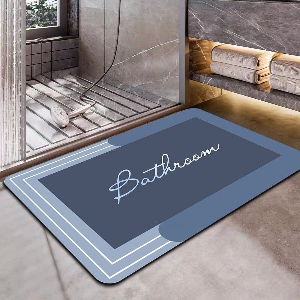 Dual Blue Layer BATHROOM Letter Print Bath Mat Quick Dry Bathroom Rug Handwritten Font Frame Design For Shower Entrance Pad