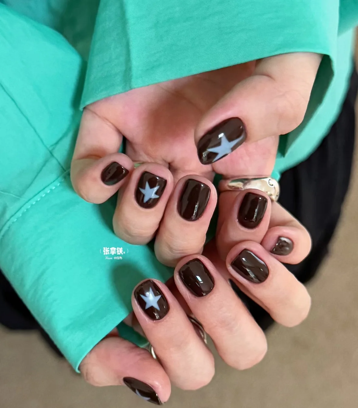 New 10pcs Handmade Short Ins Press On Nails Retro Brown Blue Hand-drawn Star Design Autumn Fake Nails Wearable Nails Art Tips
