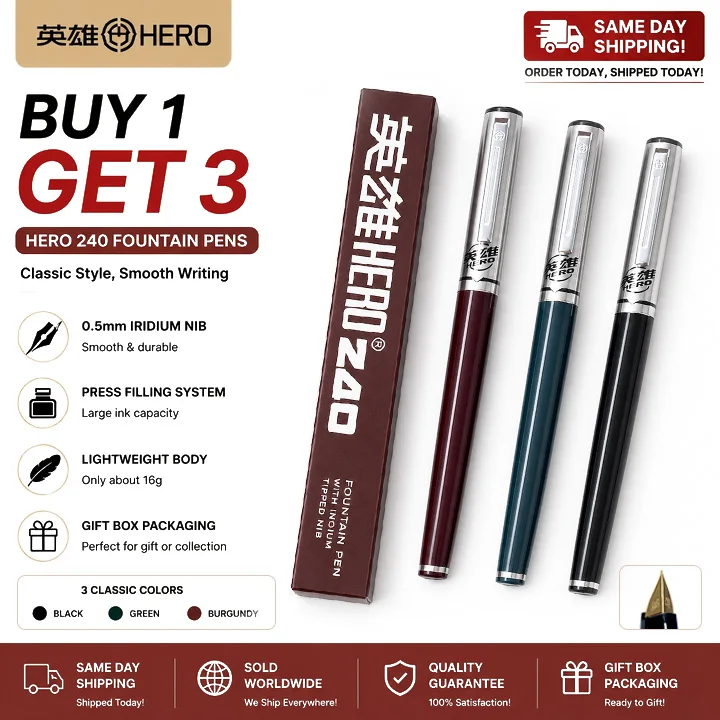 Stylo plume rétro Hero 240, design classique, pointe en iridium fine de 0,5 mm, écriture fluide, flux d'encre constant pour une utilisation quotidienne