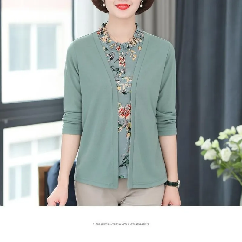 Women\'s 2023 New Spring and Autumn Solid Pullover Folds Round Neck Button Long Sleeve Printing Plus Size Folk Two Piece Set Tops