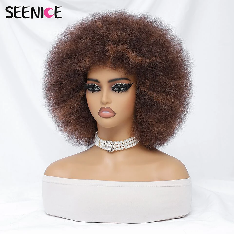 Wig Afro pendek untuk wanita hitam pirang 10 "Wig keriting Afro dengan poni 70s Wig wanita sintetis alami goyang untuk pesta Cosplay