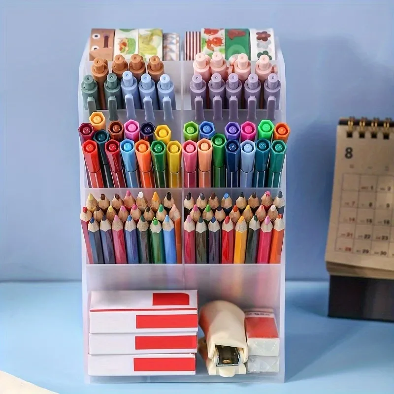 1Pc Large Capacity Transparent Plastic Storage Box, Durable Office Organizer Holder for Marker Pencil Stapler Eraser Document