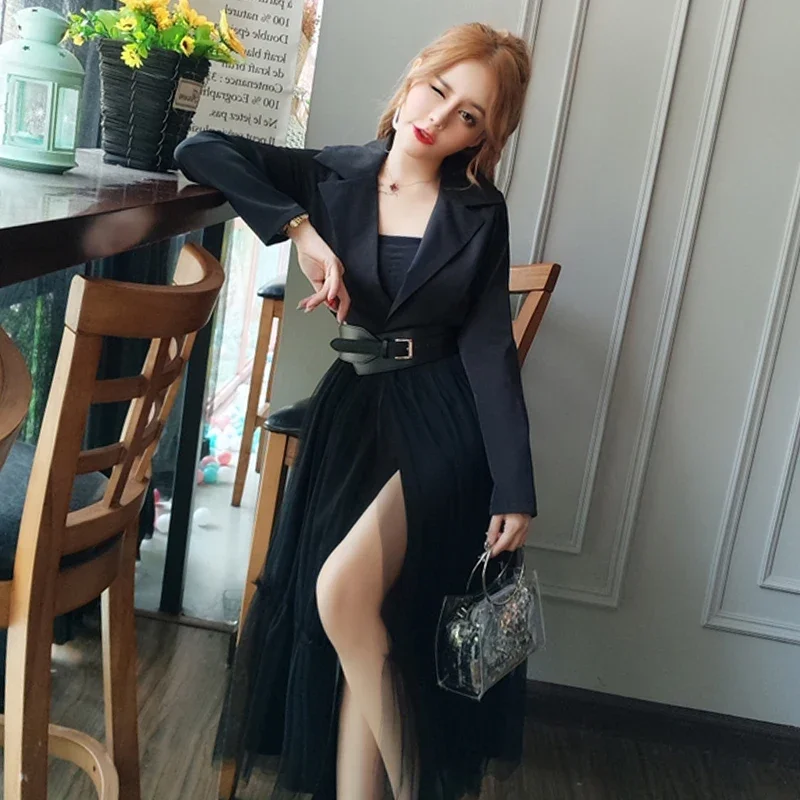 2020 Black Notch Collar Without Belt Mesh Overlay Wrap Dress Women Autumn A Line Long Sleeve High Waist Glamorous Long Dresses