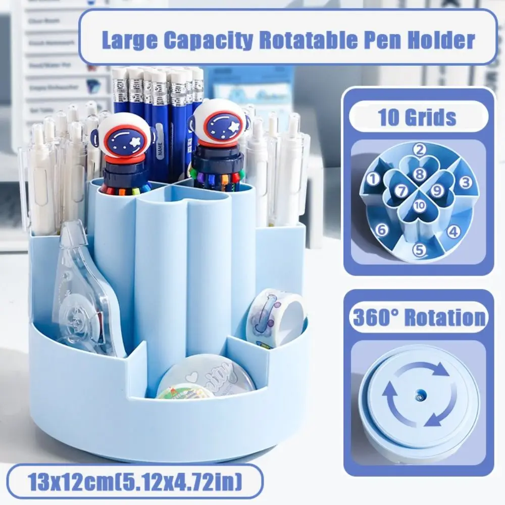 Cartoon Plastic Pen Holder 7/10 Grids Large Capacity Pen Container 360° Rotation Stationery Storage Box School Office