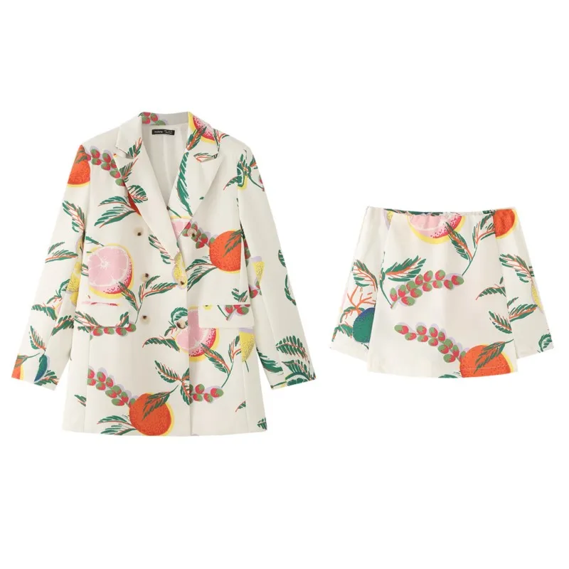 Set Dua Potong Wanita Musim Gugur 2025, Motif Buah Elegan, Skort & Blazer Kasual, Pakaian Stylish Cocok untuk Kantor dan Kegunaan Sehari-hari