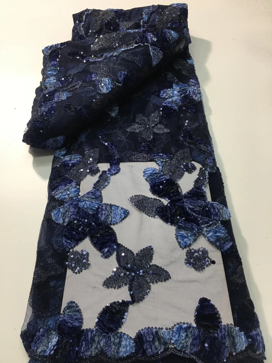 

New Design Navy Blue 3D Flowers Lace Fabric With Sequins 2022 High Quality African Wed Lace Fabric French Nigerian Lace PYX2208
