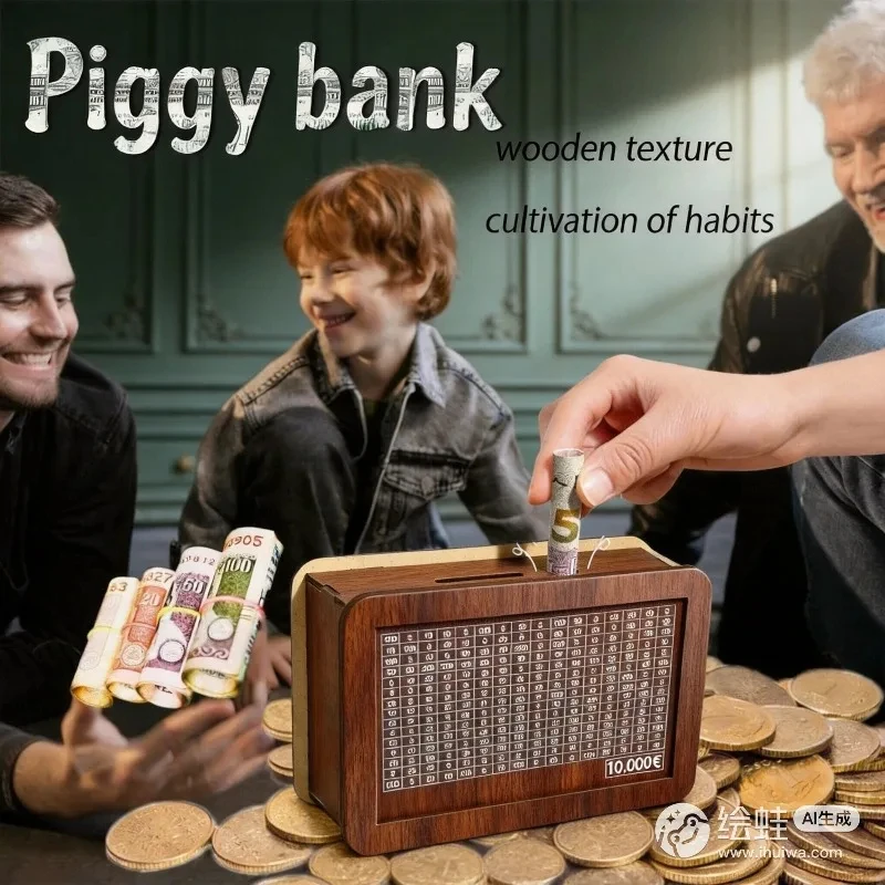 Children’s Safe Piggy Bank Wooden Money Bank Euro Money Box Wooden Piggy Bank Reusable Vault Savings Challenge Cash Storage Box