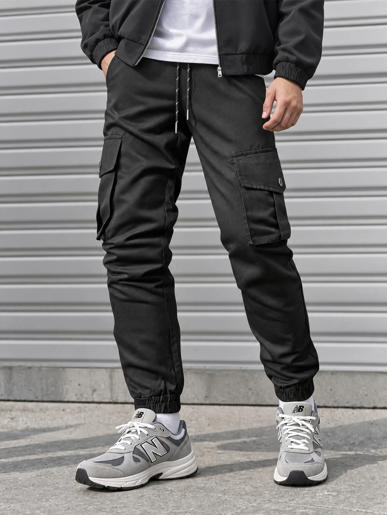 Herren Cargo-Jogginghose, schwarze, lässige, taktische Hose mit elastischem Bund, Kordelzug, mehreren Taschen, Arbeitskleidung, tailliert, mit Umschlagbündchen – Detail 2
