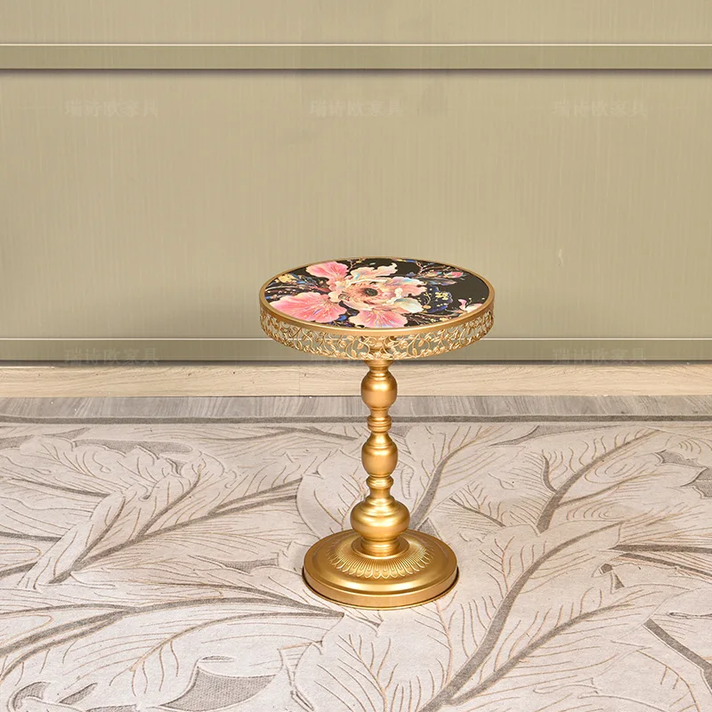 Light luxury gold carved edges, tempered glass painted peony small round table in the corner of the living room sofa