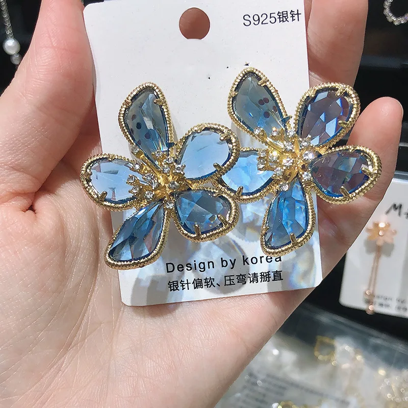

Crystal Flower Large Earrings Women's Faion 925 Silver Needle Decoration Diamond Embedded Ear Pins Accories