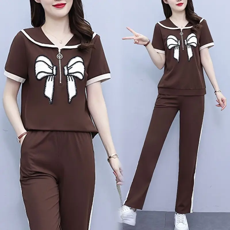 

Western Style Clothing Fashion Women's Suit 2025 Summer New Bow Loose Short Sleeved Tops And Casual Pants 2 Piece Sets For Women