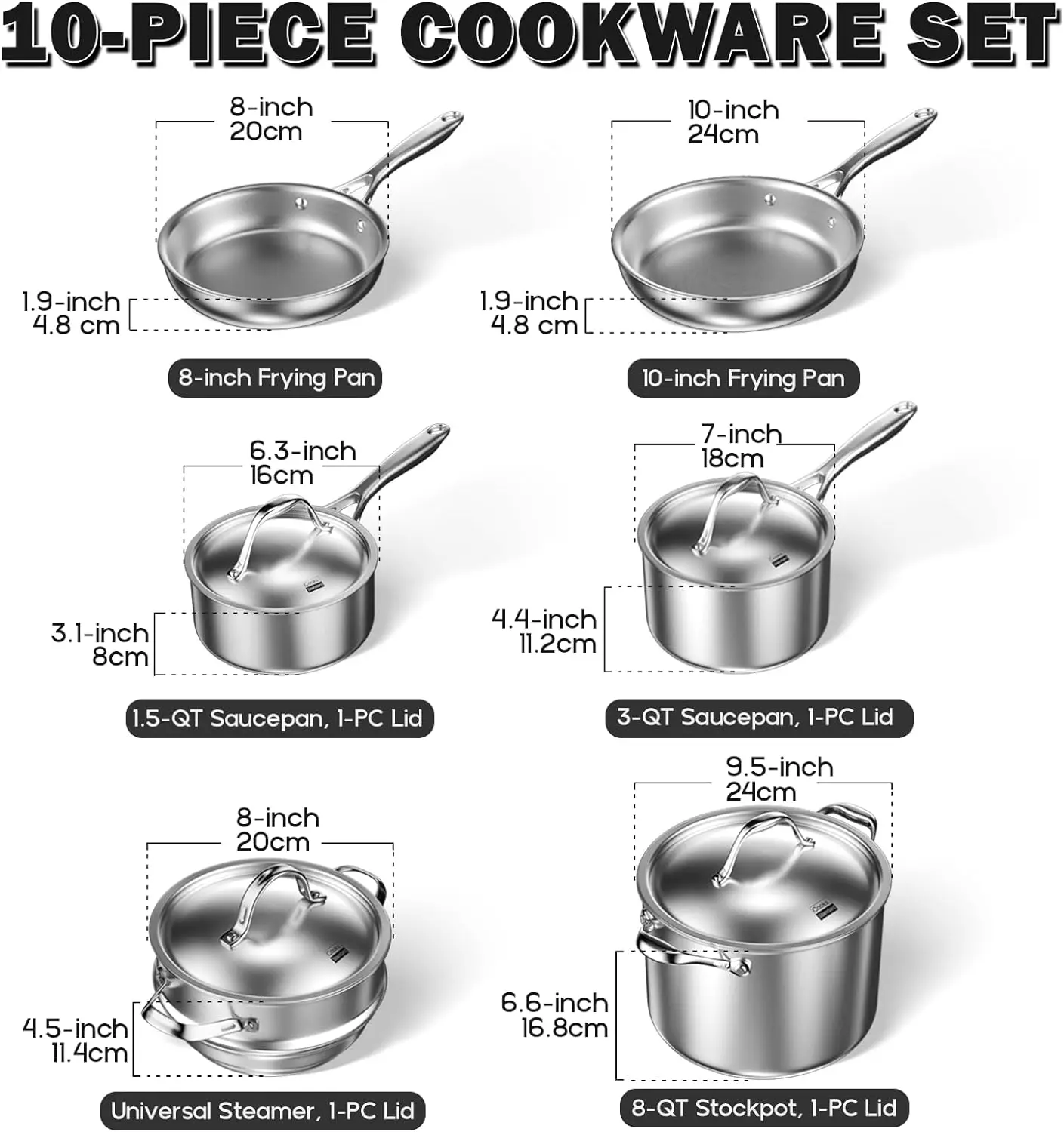 Cooks Standard Stainless Steel Kitchen Cookware Sets 10-Piece,Multi-Ply Full Clad Pots and Pans Cooking Set with Stay-Cool Handl