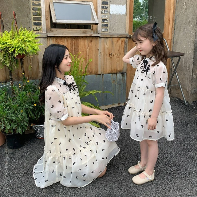 Mother and Daughter Matching Dresses Equal Elegant Chinese Style Mum and Baby Girls Floral Dress 2023 Women Summer Clothing