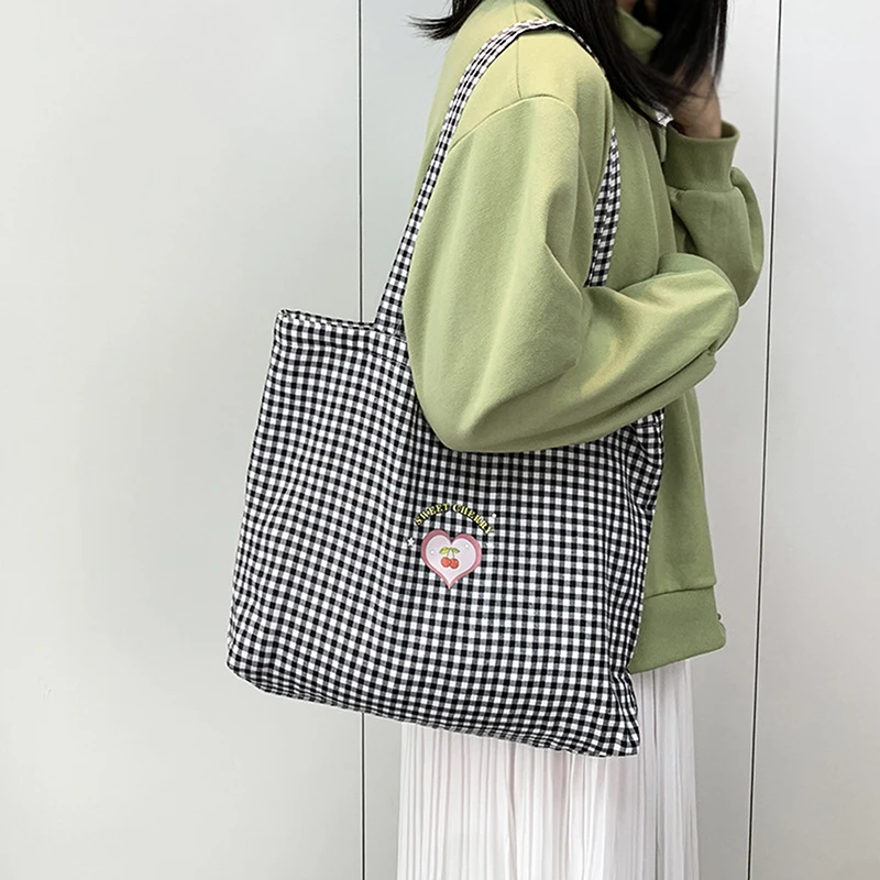 Women's Portable Shopping Bags Retro Plaid Eco Reusable Female Tote Shoulder Bag College Girls Book Handbags With Zipper