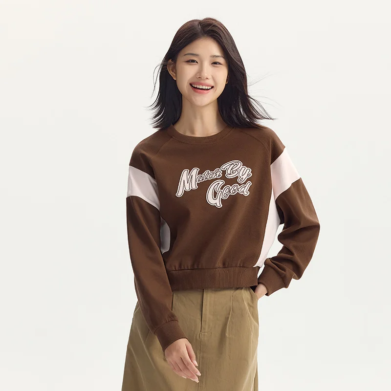 Semir Sweatshirt Women Short Oversize Letter Embroidery Fashion Pullover Autumn Round Neck Color-Blocking Retro Clothes