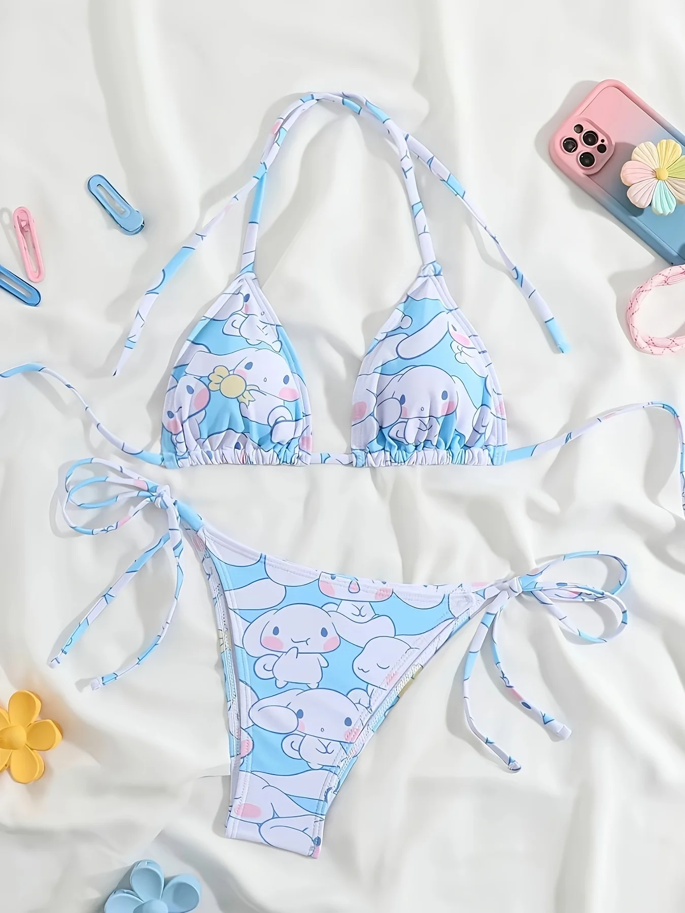 

2pcs Cinnamoroll Print Bikini Set Women Blue White Halter Triangle Swimsuit Tie Side Two-Piece Bathing Suit Beachwear