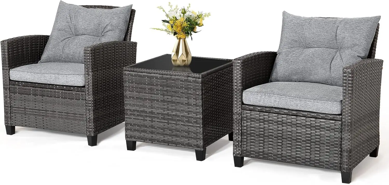 Wicker Patio Furniture Sets,3 PCs Rattan Sofa Set, Outdoor Conversation Set with Tempered Glass Tabletop, Steel Frame, Grey