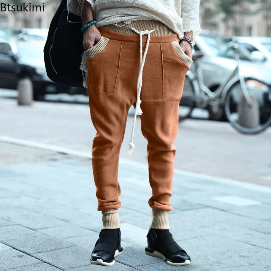 

Men's Autumn Brown Casual Sports Trousers Loose Tucked Foot Drawstring Personalized Color Block Knitted Casual Trousers for Men