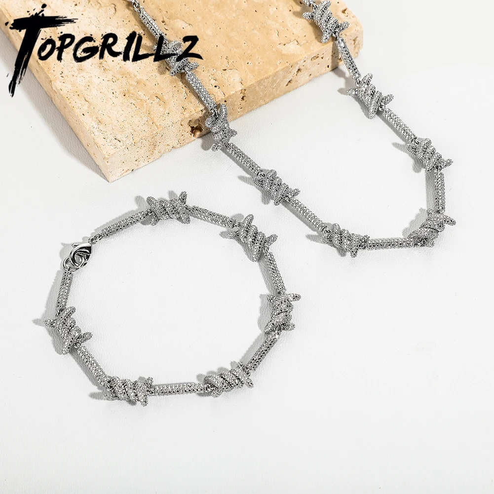 TOPGRILLZ New Color Retention Waterproof Jewelry Set 10 Mm Staggered Pattern Length Xknot Necklace Bracelet Hip Hop Punk Jewelry