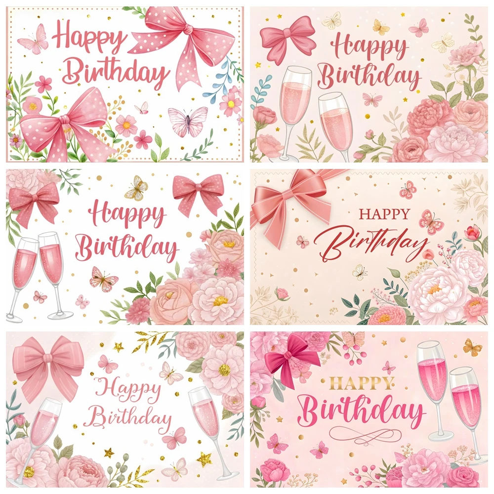 

Floral Happy Birthday Backdrop Pink Rose Butterfly Champagne Banner Photography Background for Women Girls Birthday Party Decor