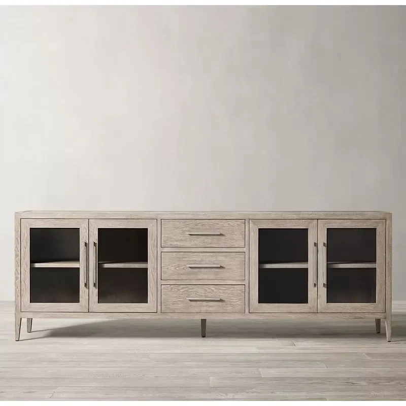 French Style Solid Wood Sideboard Extra Large 4 Glass Door Buffet Cabinet Modern 3 Drawer Media Console TV Stand for Home