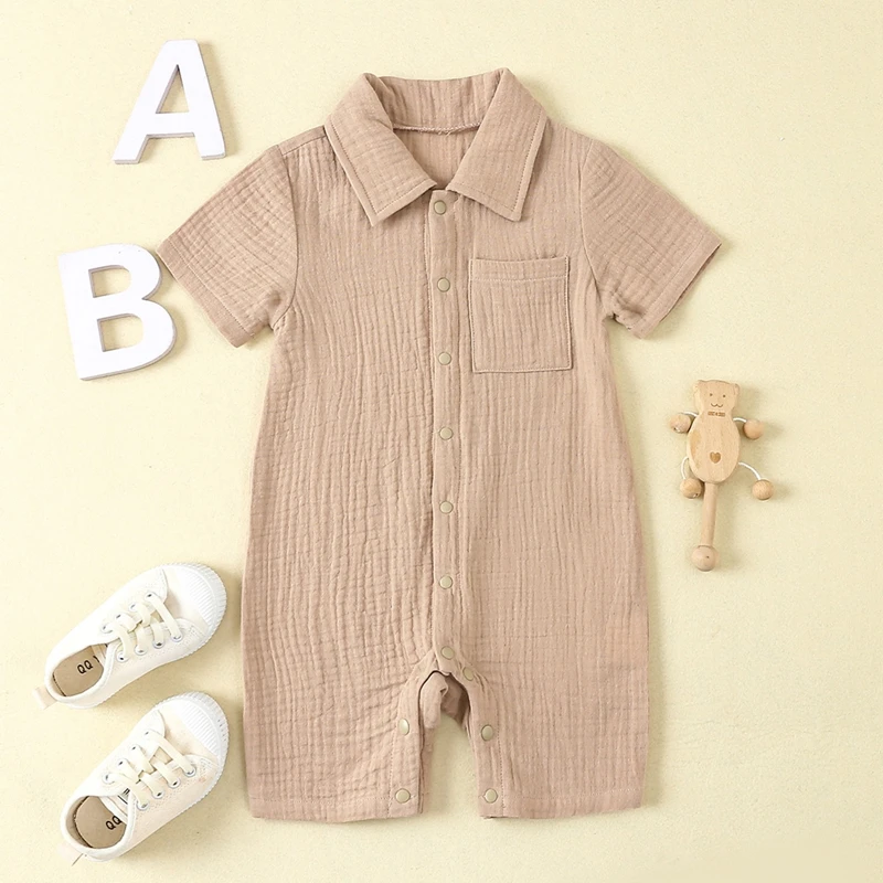 AEEMCEM Newborn Baby Boy Clothes Muslin Button Up Shirt Romper Jumpsuit Solid Short Sleeve Collared Bodysuit  Outfit