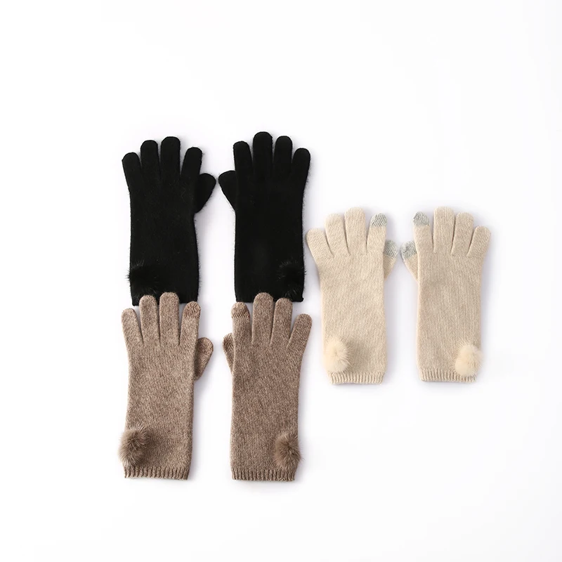 Women's Autumn Winter 100% Pure Cashmere Knitted Woolen Gloves with Knit Balls Hand Warmers for Fashionable Cold Weather Accesso
