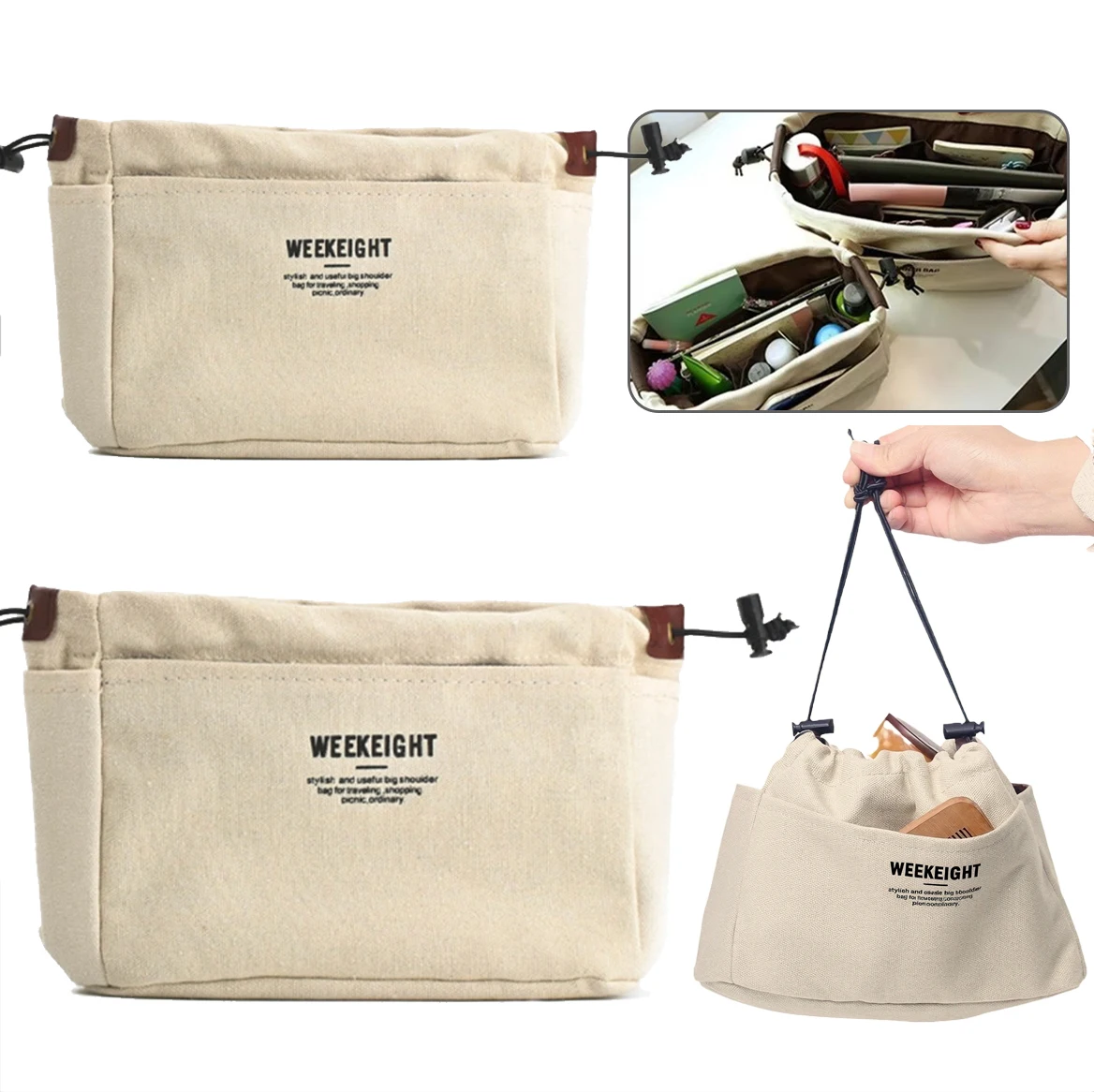 Canvas Bag-in-Bag Organizer – Minimalist Drawstring Closure Insert Portable Inner Liner for Makeup Pouch Sorting Storage TMZ