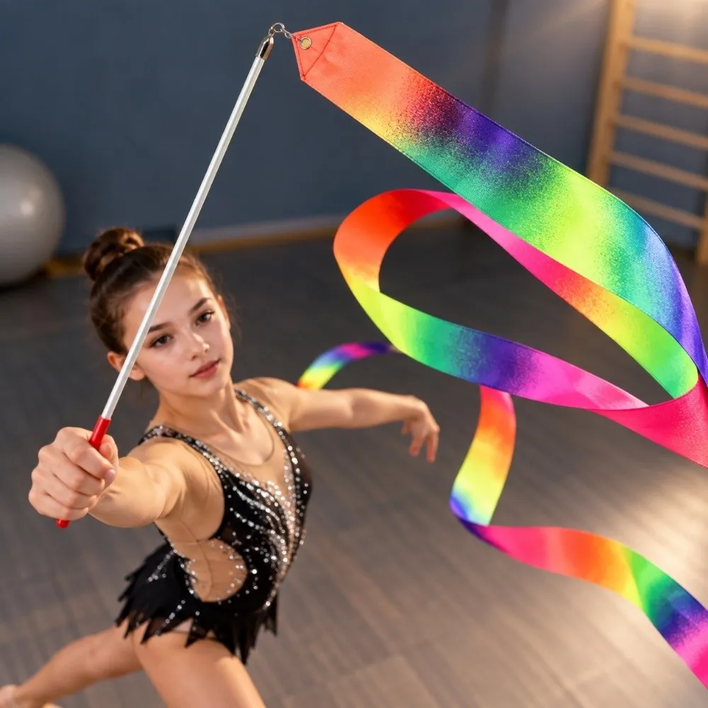 2M/4M/6M Rhythmic Gymnastics Equipment Stick Rainbow Color with Stick Twirling Dance Ribbons Sparkling Performance Props