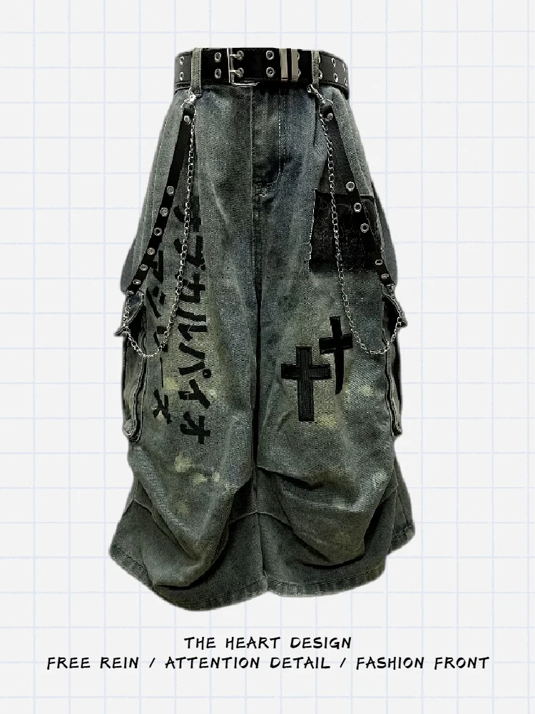 

Japanese Sle k Seven-Five Denim Jeans Women Summer New Desert Wind Wrinkle Patch Wide Leg Medium Pants Vintage Faded