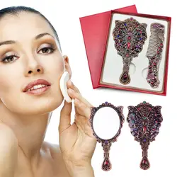 with Metal Handle Retro Small Mirror Vintage Peacock Open Screen Makeup Mirrors Comb Set Portable Handheld