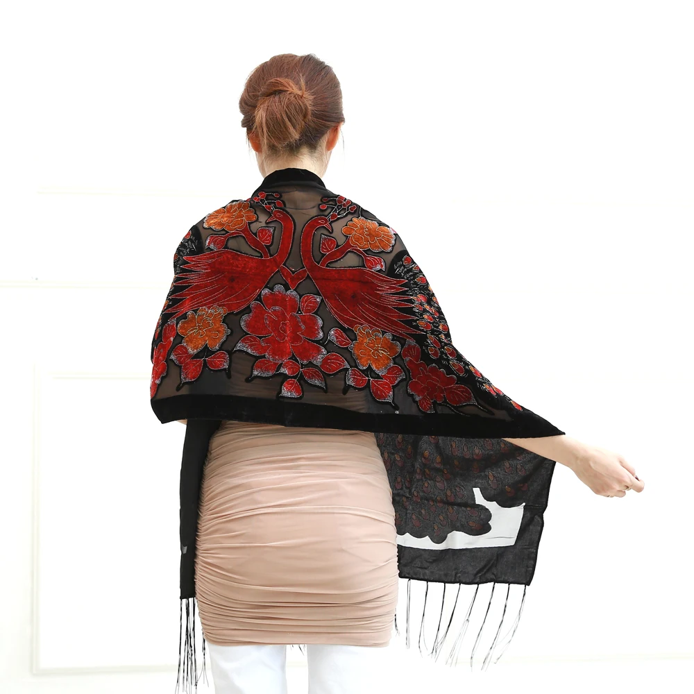 Luxury Peacock Scarf Winter Women Printed Silk Velvet Burnout Scarf Shawl For Wedding USA Hot Party Ponchos