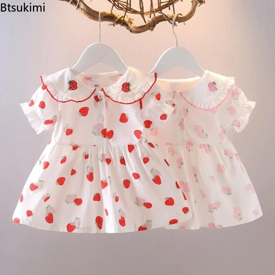 2026Girls' Embroidery Dress Cartoon Strawberries Summer Spring New Korean Girls' Princess Dress Printed Baby Kids Casual Clothes