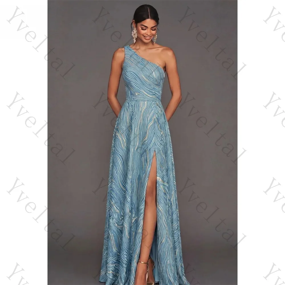 Customized Blue One‑Shoulder A‑Line Gown Glitter Wave Print High Side Slit Floor Length Dress for Wedding Guest Formal Occasion