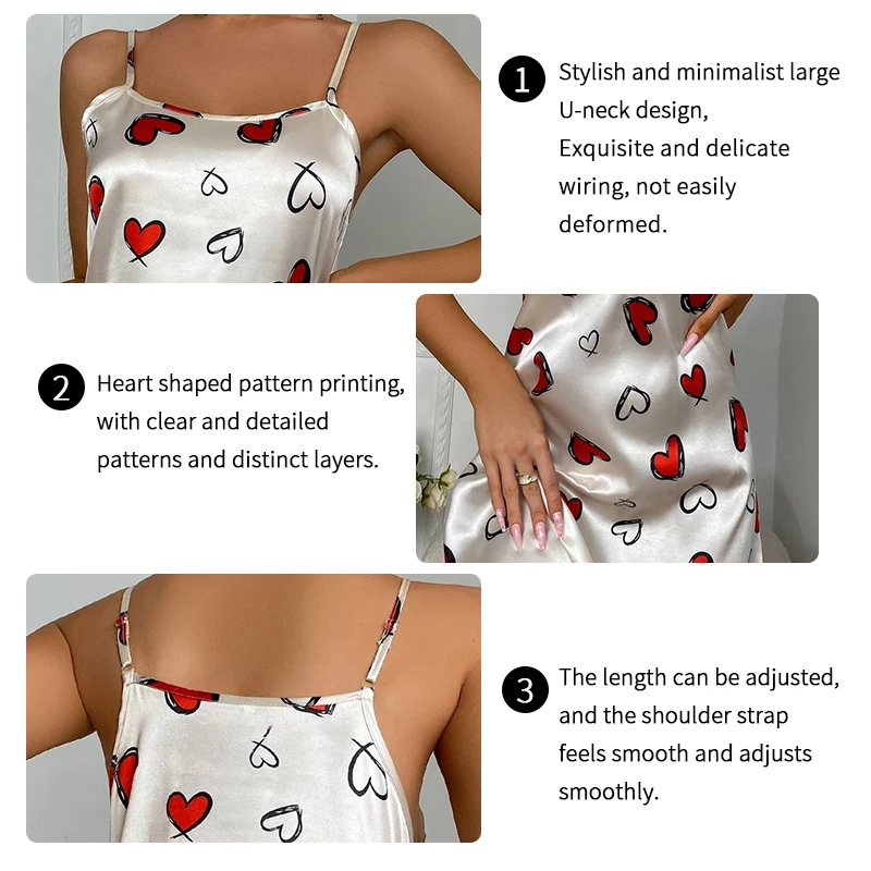 Women\'s Sleepwear Heart Letter Print Nightdress Casual Round Neck Nightgown Spaghetti Strap Nightie Nightwear Women Home Clothes