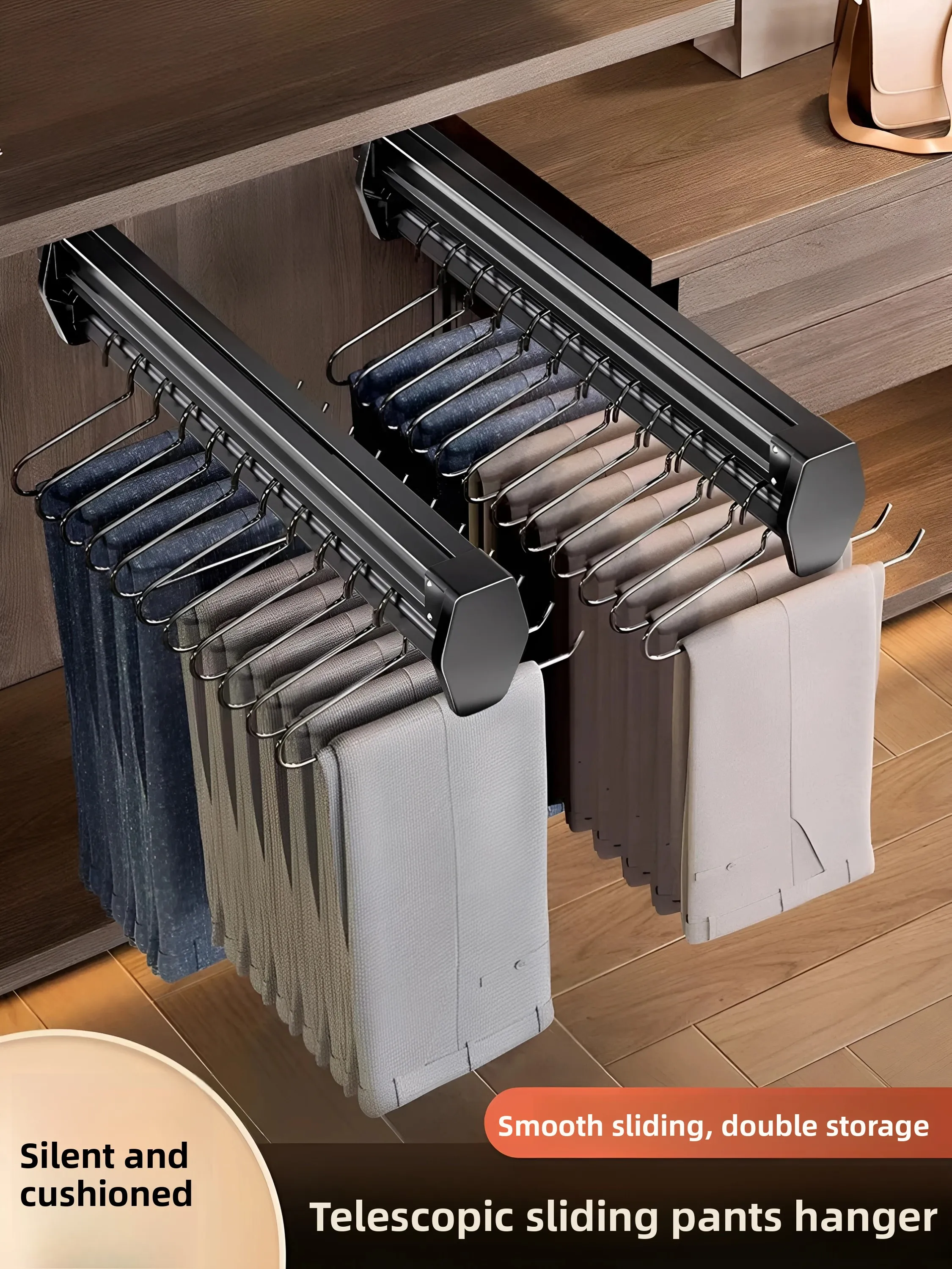 Pull out Wardrobe Clothes Hanger Rod Vertical Extension Pants Rack Sliding Track Shallow Cabinet Top Mounted Pants Storage De...