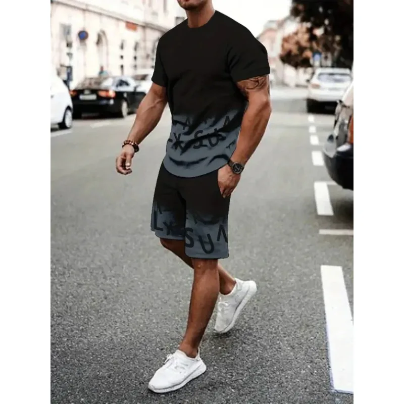 2025 Summer Creative 3D Printed Trendy Casual Men's Short Sleeved Shorts Set Beach Vacation Casual Wear