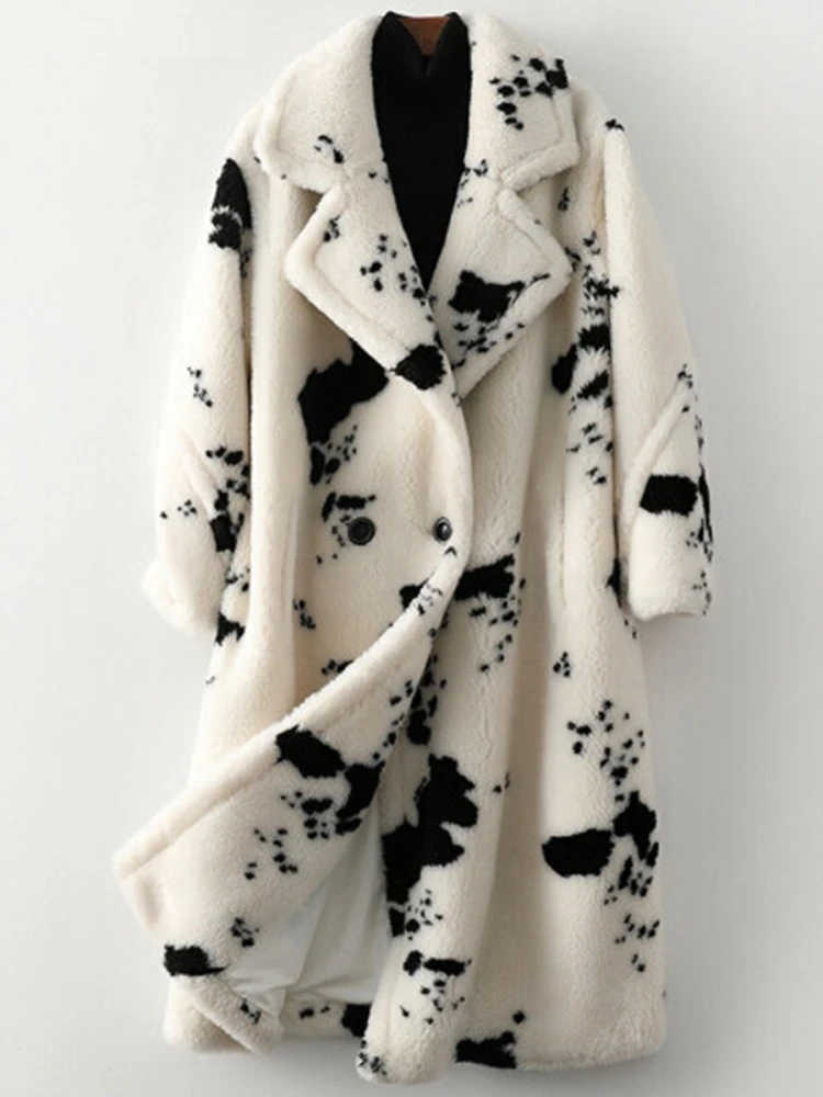 Women's Winter Warm Wool Imitation Fur Coat Sheep Cut Wool Coat Loose Lapel Long Print Fashion Casual Windbreaker Shaggy Fluffy