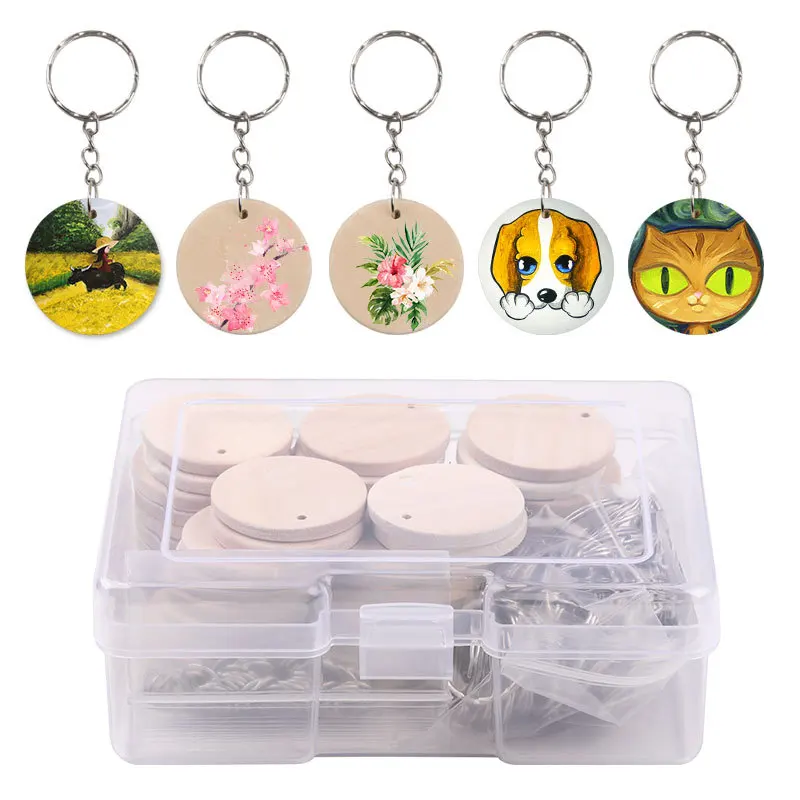 Round Wooden Discs with Keychain Wood Tags with Hole Reminder Record Calendar Wood Chips DIY Crafts Come with Box