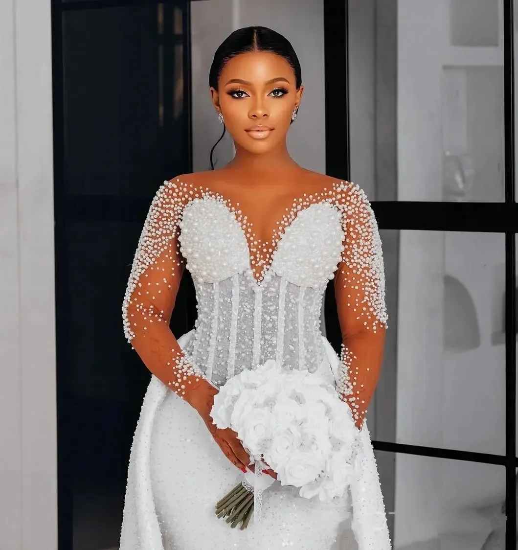 تخصيص 2025 Aso Ebi حورية البحر فستان الزفاف زي العرائس انفصال قطار الوهم مطرز الدانتيل بلورات Vestidos De Noiva