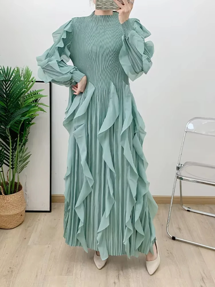 EGRM Fashion Ruffles Pleated Long Dress Women Round Neck Full Sleeves Solid Maxi Belt Dresses Party 2024 Autumn New 2AA1502