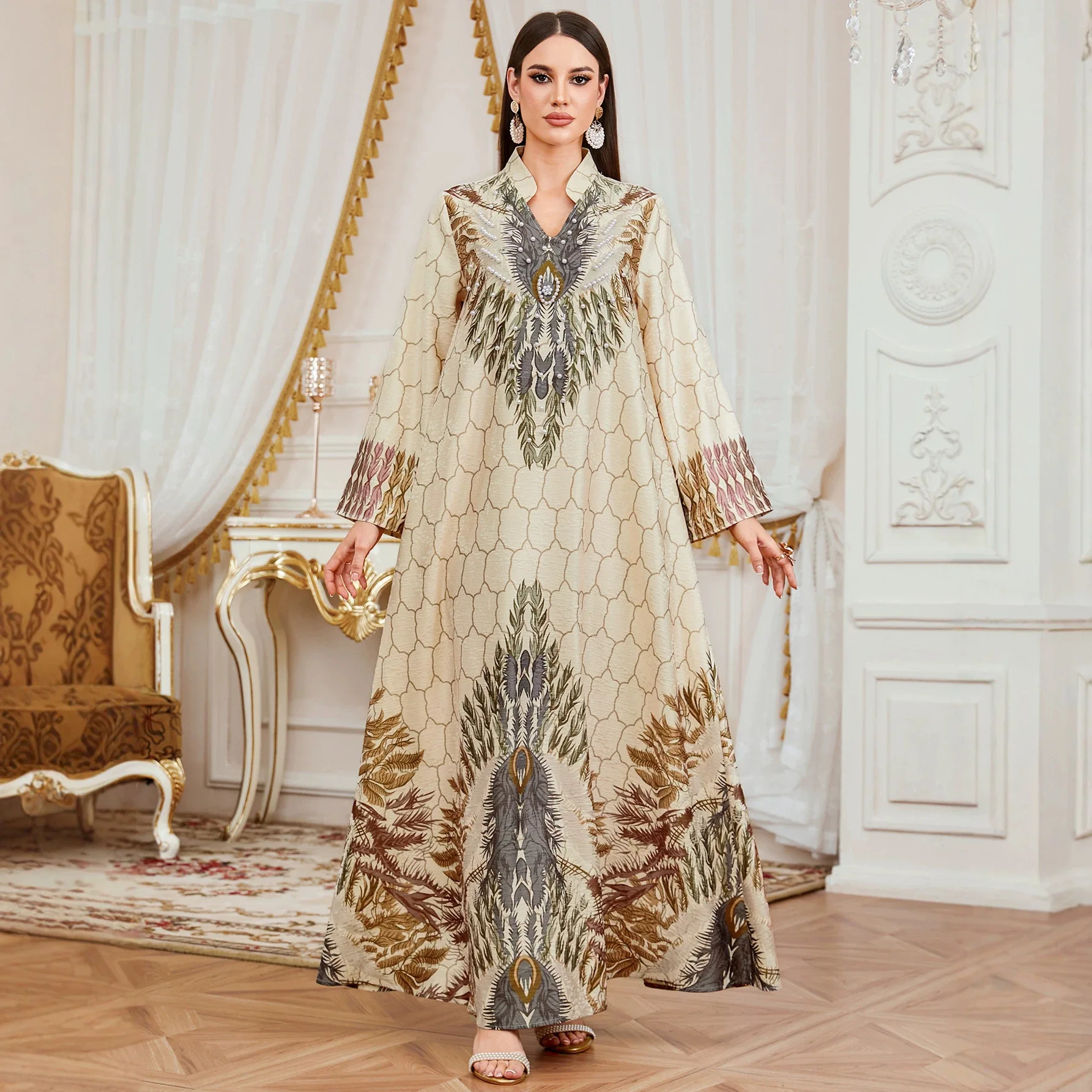Turkey Arab Fashion Women Digital Printed Ethnic Apricot V-neck Long Sleeve Loose Fit Elegant Robes Female Muslim Abaya Jalabiya