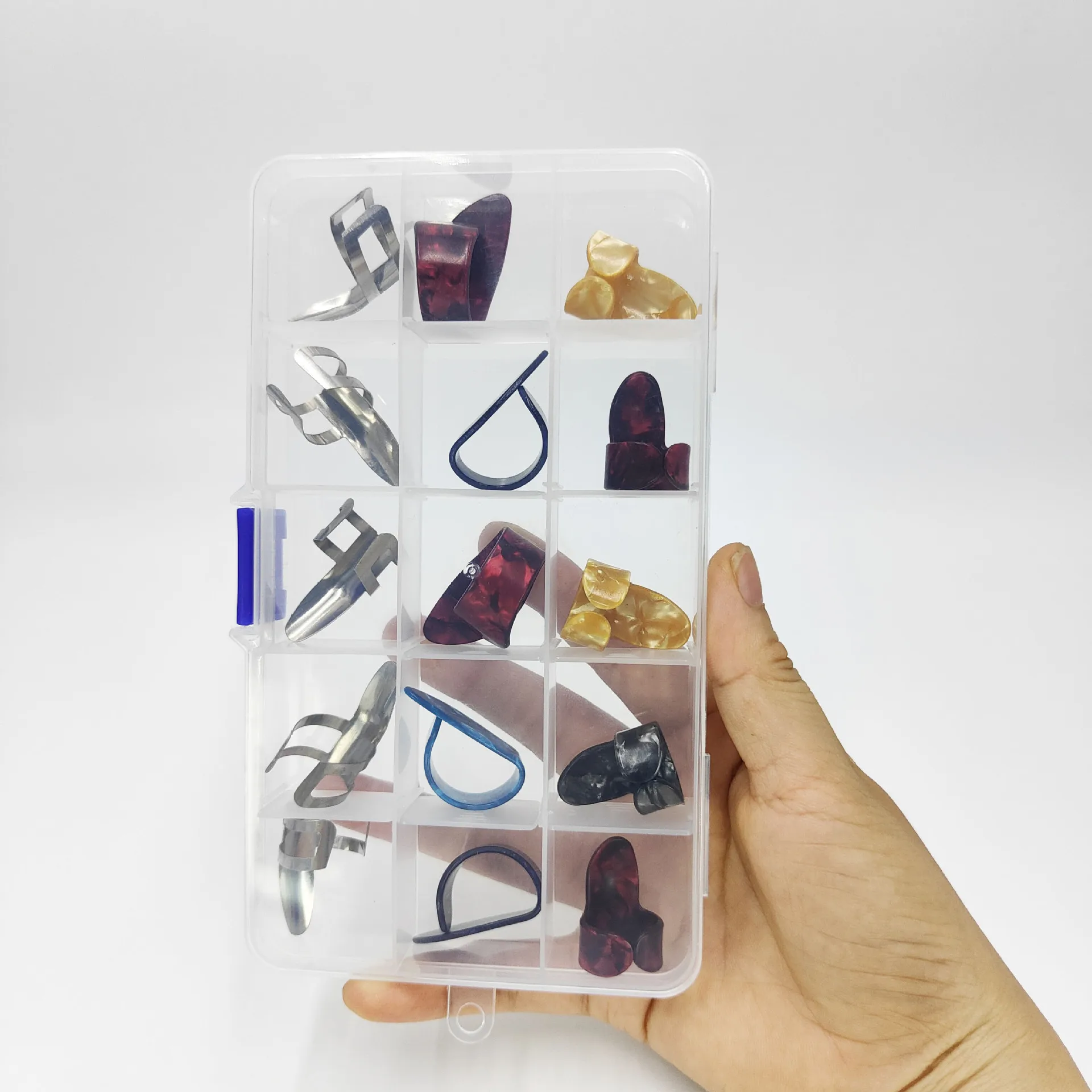 Fingerstyle Guitar Picks 15Pc Stainless Steel Index Picks & Celluloid Thumb Picks Set Transparent Box Guitar Parts & Accessories
