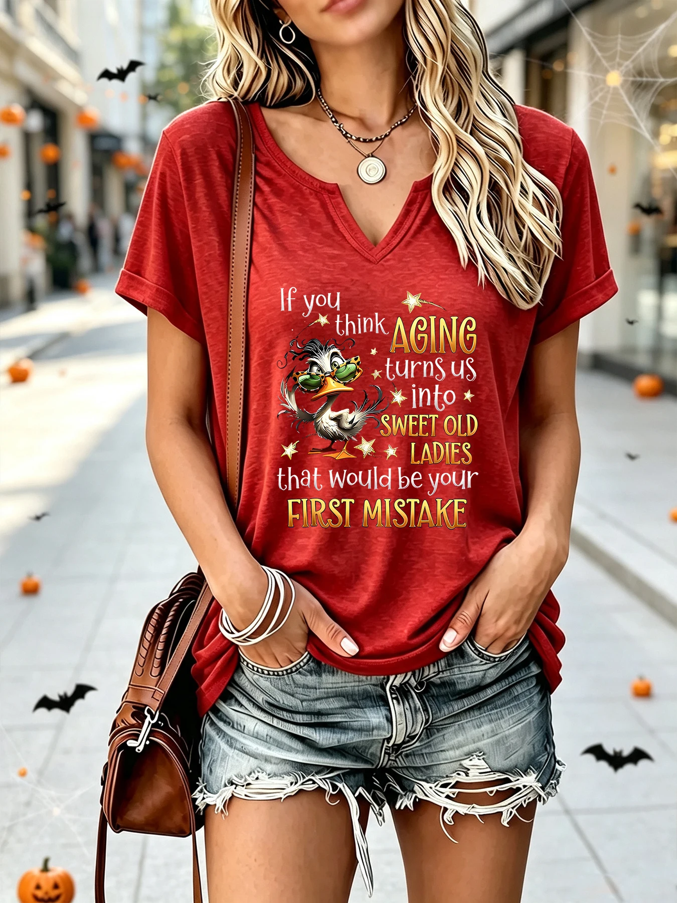 Starshine Coolness Little Duck Deny Age Bias Textured Print Open V-Neck Roll-Sleeve Short-Sleeve T-Shirt Women's Clothing