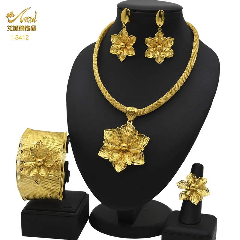 

ANIID Flower Dubai Gold Color Jewelry Sets For Women Bridal Indian Necklace And Earring Luxury African Hawaiian Jewellery Gifts